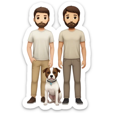 white male with dark brown hair and a lightly scruffy beard standing alongside a white pitbull sticker