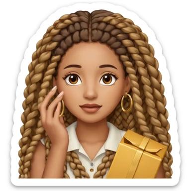 Latina with gold hoop earrings and long curly brown box braids and a hand over her face  sticker