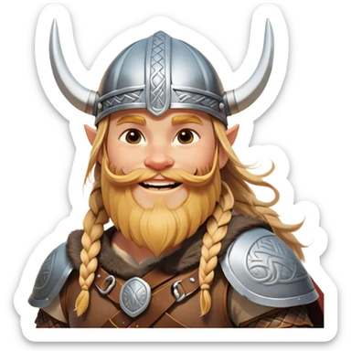 Clash of Clans aesthetic: Cinematic Cheerful Viking Portrait Emoji, With a bright, confident smile and a relaxed, adventurous stance, showcasing a stylized, spirited build with a classic Viking helmet and braided hair, his natural skin tone lending authenticity, Simplified yet expressive features, highly detailed, glowing with a soft, golden Nordic radiance, high shine, upbeat and courageous, stylized with an air of classic Viking heroism, soft glowing outline, capturing the essence of a cheerful Viking ready to embark on legendary quests! sticker