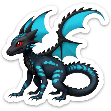 Rare realistic exotic edgy dark gothic gloomy spooky black and red/blue/cyan epic pretty beautiful handsome gorgeous aesthetic colorful vibrant Vernid-Trico-species-Fakemon-Salandit-hybrid-creature by LiLaiRa, 4 legs, 1 tail, random markings, (full body) sticker