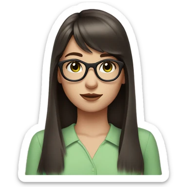 Girl with long dark brown hair and bangs and black glasses pale skin pink shirt green eyes sticker