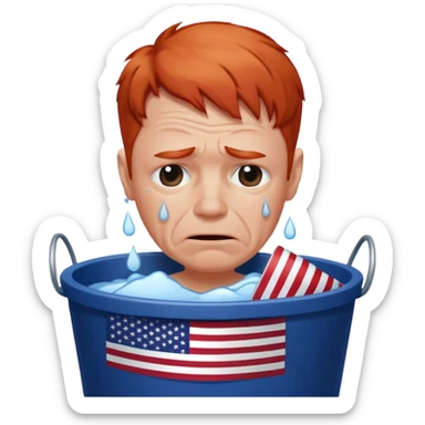 short red haired older man crying into bucket with USA flag on it sticker
