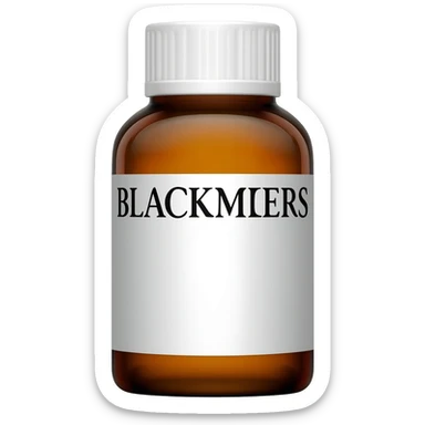 Studio product photo of an amber glass supplement bottle with a white cap, minimalist white label showing only “BLACKMORES” in bold black text, centered, soft shadow, ultra-realistic. sticker