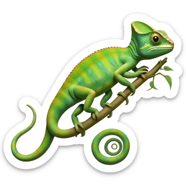 cinematic-chameleon-realistic-full-body-climbing-emoji,-slender-body-gripping-a-twisting-vine-with-prehensile-feet,-scaly-green-skin-shifting-shades-with-its-environment,-large-bulging-eyes-rotating-independently,-delicate-coiled-tail-curling-behind,-long-tongue-slightly-protruding-as-if-ready-to-strike,-simplified-yet-realistic-focused-features,-highly-detailed,-glowing-with-an-ethereal-forest-light sticker