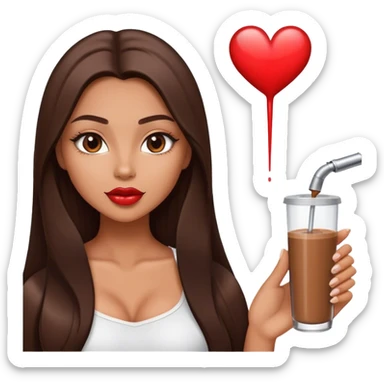 tanned beautiful girl with pump mocha lips and brunette straight long hair showing heart sticker