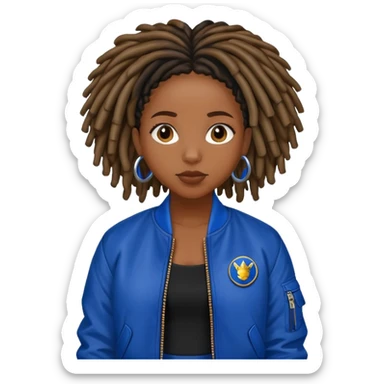 Black girl with locs in black dress and royal blue bomber jacket sticker