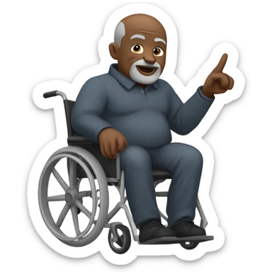 old black bald man with a round belly in wheelchair. stern face. grey stubble. he is pointing finger in front.  sticker