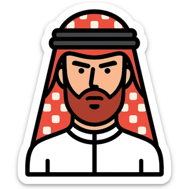 Saudi man with sharp features, wearing a white thobe and a red shemagh, wide beard sticker