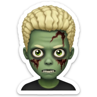 zombie boy, half-blonde half-black afro, black shirt, greenish skin sticker