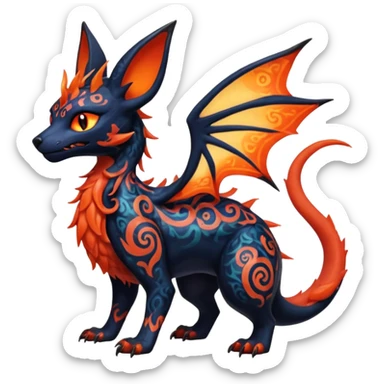 Shiny Fiery Dark Ugly Evil Realistic Glowing Eldritch Horror Cool Edgy Badass Emo Demonic Batty Dusky Ethereal Punky Aural Fluorescent Bioluminescent Hideous Canine-Litten-Amaura-Salandit-Noibat-Flareon-Fakémon-fusion (full body) with intricate pattern markings sticker
