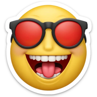 3D emoji character with bright yellow face, wide open smile showing white teeth and red tongue, raised brown eyebrows, and black sunglasses, rendered in a playful and glossy style on transparent background sticker