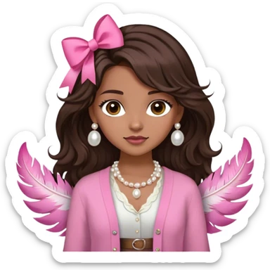 light brown skinned girl, long really dark brown wavy but looks straight hair, dark brown eyes, feather hair cut, light natural makeup, long lashes, wearing a pearl necklace and pink cardigan over a white shirt with a small pink bow, with a white skirt and a pink belt sticker