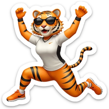 female energetic anthropomorphised tiger in sports clothes, wearing dark sunglasses, jumping with excitement, arms raised sticker