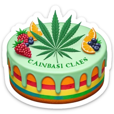 colorful frosted fruit cake with cannabis leaf sticker