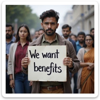 group of indian modern customers holding a board written "We want benefits"with a serious face sticker