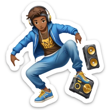 Icon for Street Dance: a dancer in urban streetwear performing a dynamic lower breakdance move, with a spray-painted background, headphones, and a boombox on the asphalt. The icon should capture the energy, style, and creativity of street dance culture. Transparent background. sticker