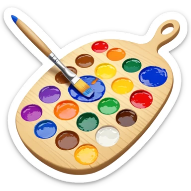 Paint palette with colorful paints and brush sticker