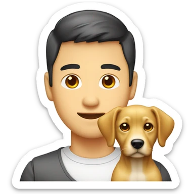 hombre asiatico con ojos pequeños y perro labrador amarillo sticker