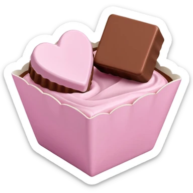 Two square milk chocolate , Each praline is a sharp-edged cube with smooth glossy chocolate coating, placed in a small white fluted paper candy cup. On top of each cube is a flat pastel pink heart-shaped icing sticker