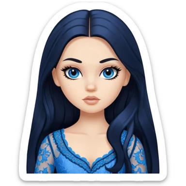 pretty, black long hair, pale skin, eyeliner, blue lace clothes, bratz baddie sticker