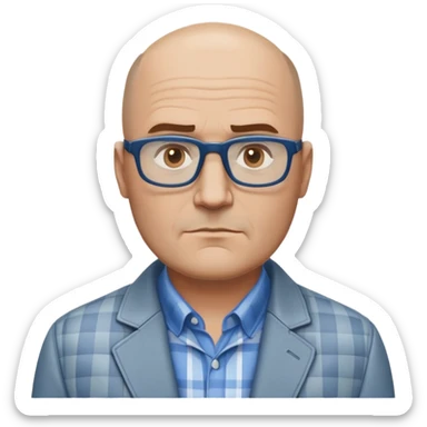 50-year-old heavyset man with very wide face and prominent square jawline. Little to no hair on the sides with some hair on top, balding pattern. Large dark square glasses. Serious-relaxed expression. Light gray jacket that fits his larger frame, white shirt with blue checkered pattern. sticker