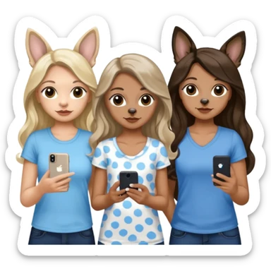 Three women in summer clothes holding iPhone, hazel eyed light skin with dark blonde long hair and Brown eyed,light skin black long wavy hair, blue eyed light skin long blonde hair that have 2 dogs, blue spotted Merle Frenchie, black and tan chihuahua  sticker