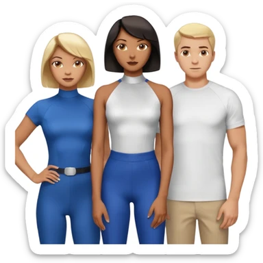 3 Friends standing side by side, charlie's angels style: 1 black woman with a short flat pressed bob, 1 hispanic man with a thin nose and long hair, and 1 white guy with blue eyes and a short brown-blonde haircut sticker