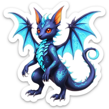 Shiny Fiery Dark Ugly Evil Realistic Glowing Eldritch Horror Cool Edgy Badass Emo Glorious Demonic Batty Dusky Ethereal Sparkly Shimmering Magical Punky Aural Iridescent Fluorescent Bioluminescent Litten-Amaura-Salandit-Noibat-Flareon-Fakémon-fusion (full body) with intricate pattern markings sticker