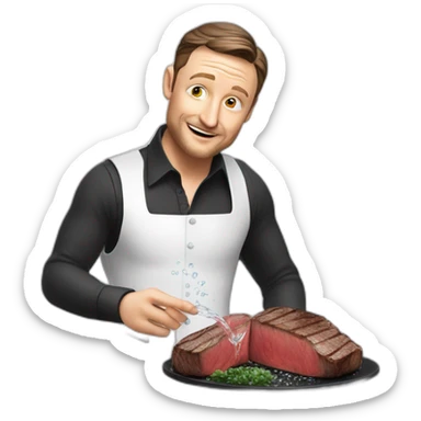 tim robinson dark black slicked back hair white long sleeve shirt with a light grey vest pouring water on a steak sticker