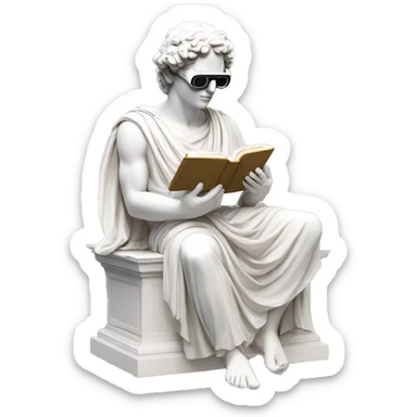 an EMOJI OF A ancient young greek statue reading a book, wearing VR glasses, white colors, DIGITAL UNIVERSE sticker