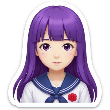 Shy anime girl with purple long hair and bangs wearing Japanese sailor style school uniform, blushing, kawaii style sticker