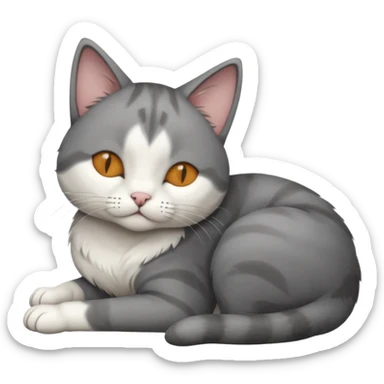 dark grey and white small cat with eyes closed, leaning his head on his paw while leaning on his elbow lying down sticker