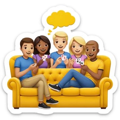 group of friends on couch playing a card game couch should be deep yellow color sticker