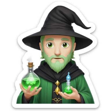 Green-skinned male wizard with a long nose, wearing a black hat and robe, holding a glowing potion bottle sticker