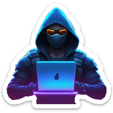 developer behind his laptop with this style : crysis Cyberpunk Riot Games Valorant neon glowing bright blue character blue black hooded assassin themed character sticker