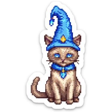 A pixel art image of a Siamese cat wizard with a blue hat. sticker