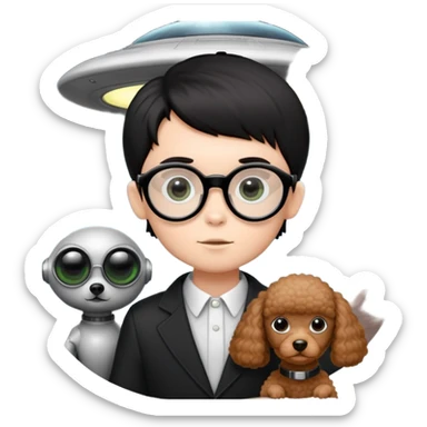 A little boy with straight black medium-length hair, white skin, and black eyes wearing black-framed glasses is taking photos on a UFO with a camera. Beside him, there is an alien and a brown round-headed poodle. sticker