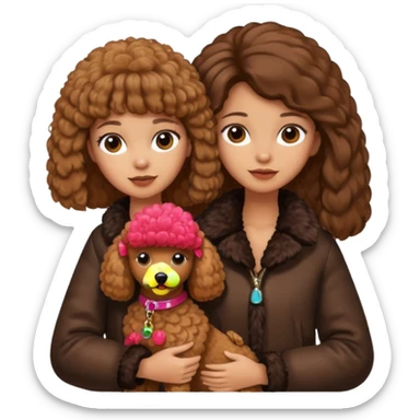 A girl who has long brown straight hair and wears a fur jacket holds a brown poodle sticker