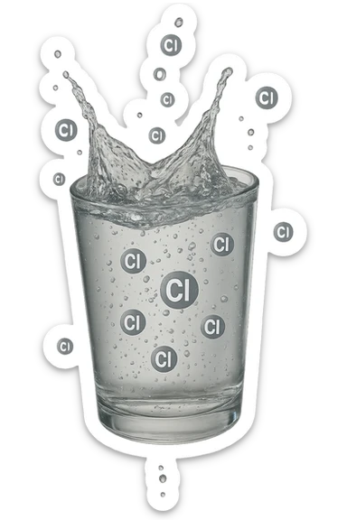 un bicchiere di acqua cade verticalmente dall'alto realistico e dettagliato, dentro l'acqua del bicchiere ci sono particelle di cloro ben visibili con la scritta "Cl" sopra, ci sono particelle anche che escono dal bicchiere e fluttuano in aria verticalmente, mentre alcune sono all'interno dell'acqua nel bicchiere, iperrealistico 4k sticker