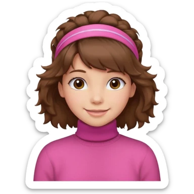 brown fluffy haired girl with pink turtleneck sweater and hair band sticker