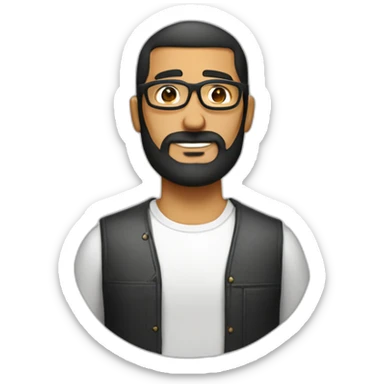 guy with tanned skin, a black buzzcut, big nose, round golden glasses, a bit of dark beard and a white shirt sticker