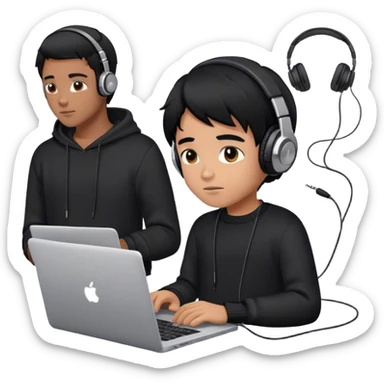 a smart boy using laptop having black hair with headphones and wearing a black sweater sticker