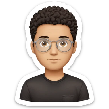 Young Latino male with small oval face, prominent forehead, aviator eyeglasses with metal frames, completely shaved sides with minimal dark curly hair on top only, gentle neutral expression, brown skin tone, simple black t-shirt sticker