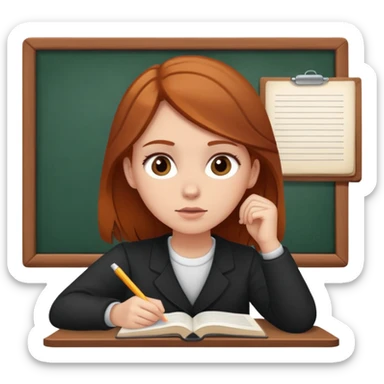 Make an emoji of a student thinking while studying. the student should be a white girl with brown hair with a slight tone of ginger.  sticker
