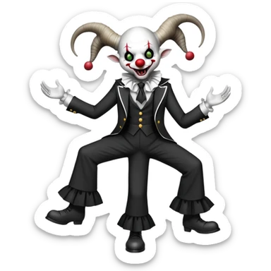full-body demonic clown in black and white leisure suit with bellbottom pants, bald, black ram horns, flashy black and white belt, ruffled white shirt, no neck tie, large fangs sticker