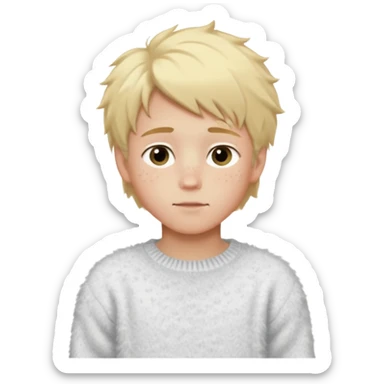 create-a-look-for-a-blond-boy-with-long-tousled-hair-light-eyes-a-white-sweat + fluffy white sweater + styled hair blonde with hair to the side cute + cute face with freckles  medium hair fluffy to the side no long hair cute hair blonded no messy sticker