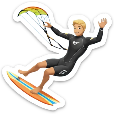 An athlete in a wetsuit riding a winged kiteboard, soaring above the waves with a powerful breeze beneath a clear blue sky. The scene captures the dynamic motion of the sport, with the ocean waves and kite gliding through the air, symbolizing freedom and adventure. sticker