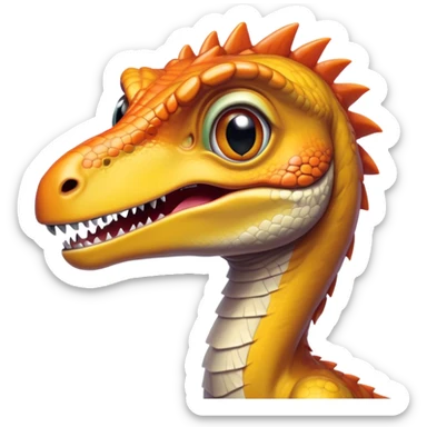 Cinematic Cute Velociraptor Portrait Emoji, Head tilted playfully with a mischievous grin, featuring a compact, agile form with bright, sparkling eyes and a slightly curved snout full of playful charm, Simplified yet irresistibly adorable features, highly detailed, glowing with a warm, inviting prehistoric glow, high shine, affectionate and lively, stylized with a touch of whimsical dinosaur mischief, soft glowing outline, capturing the essence of a mischievous yet endearing Velociraptor that seems as if it could dart out of the screen into your arms! sticker
