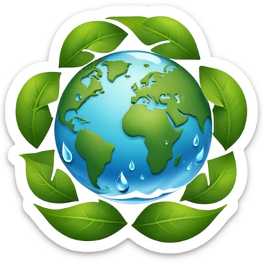 An icon featuring a globe with green leaves, a recycling symbol, and a water droplet, symbolizing ecology. The design includes trees, animals, and renewable energy icons, representing the study of ecosystems, environmental protection, and sustainability. Transparent background sticker