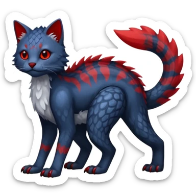midnight blue-gray-black, with red markings, white belly, scaley scaly batty feline-like quadrupedal digitigrade furry feral Bastet-Noibat-Gatomon-Garchomp-Digimon-Fakémon-Pokémon-creature (full body) sticker